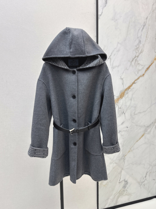 Prada Women's Gray Wool Blend Hooded Coat with Belt - Elegant and Warm 1 Prada Women's Gray Wool Blend Hooded Coat with Belt - Elegant and Warm