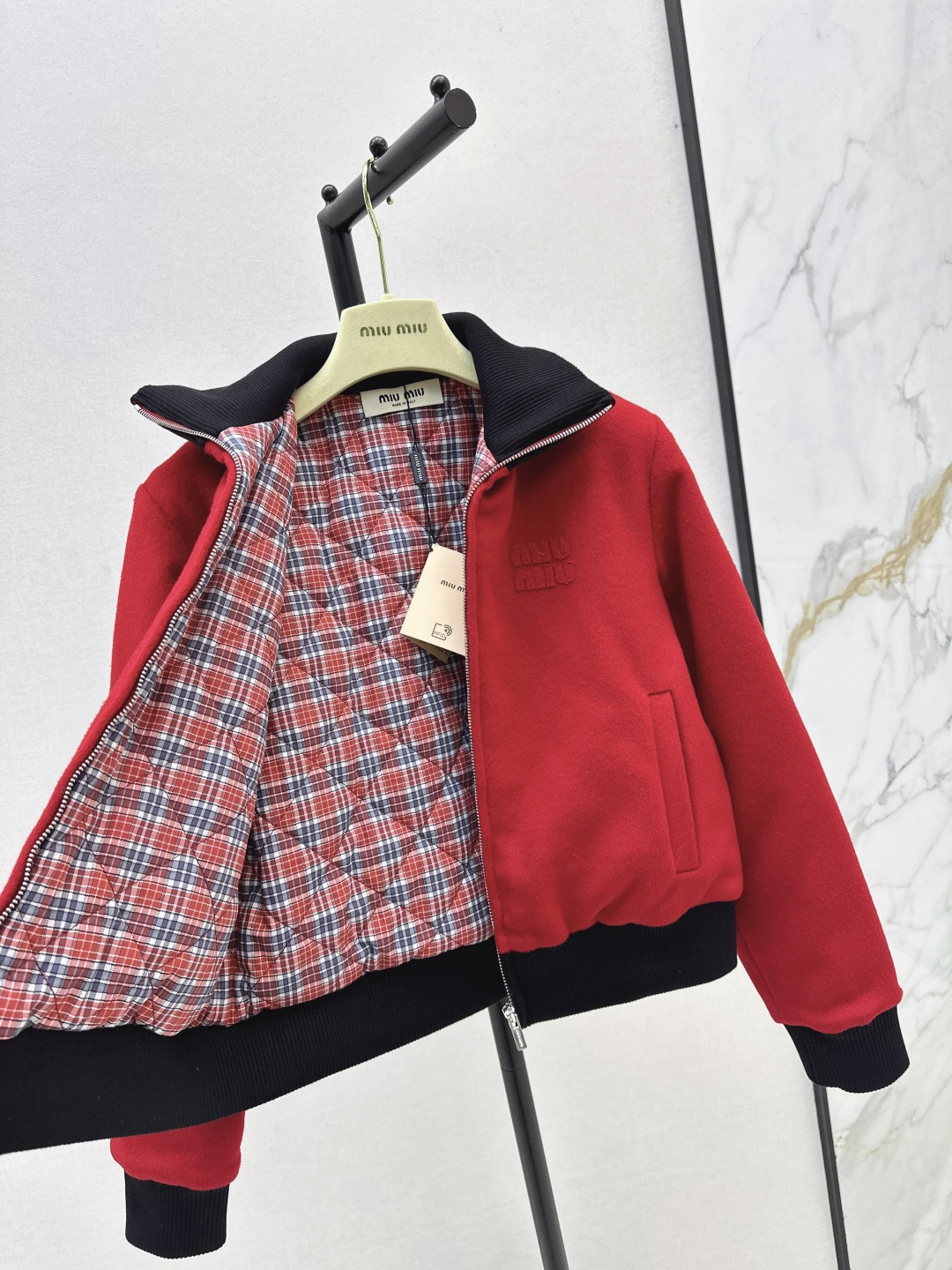 Miu Miu Wool Blend Bomber Jacket, Red, High Neck, Embroidered Logo, Women's 8 cmp i1757850684004 6614 0 6