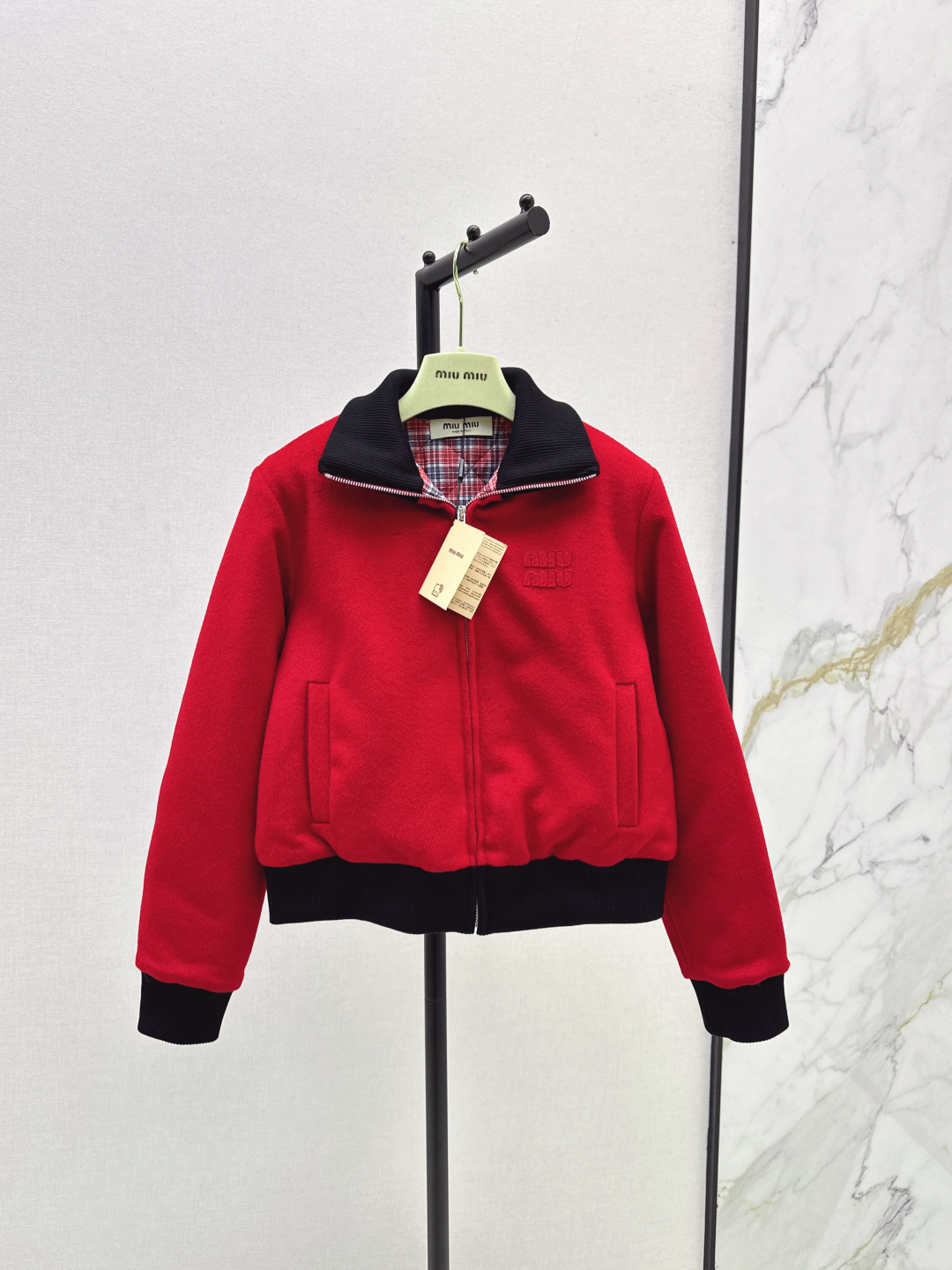 Miu Miu Wool Blend Bomber Jacket, Red, High Neck, Embroidered Logo, Women's 3 cmp i1757850684004 8587 0 0