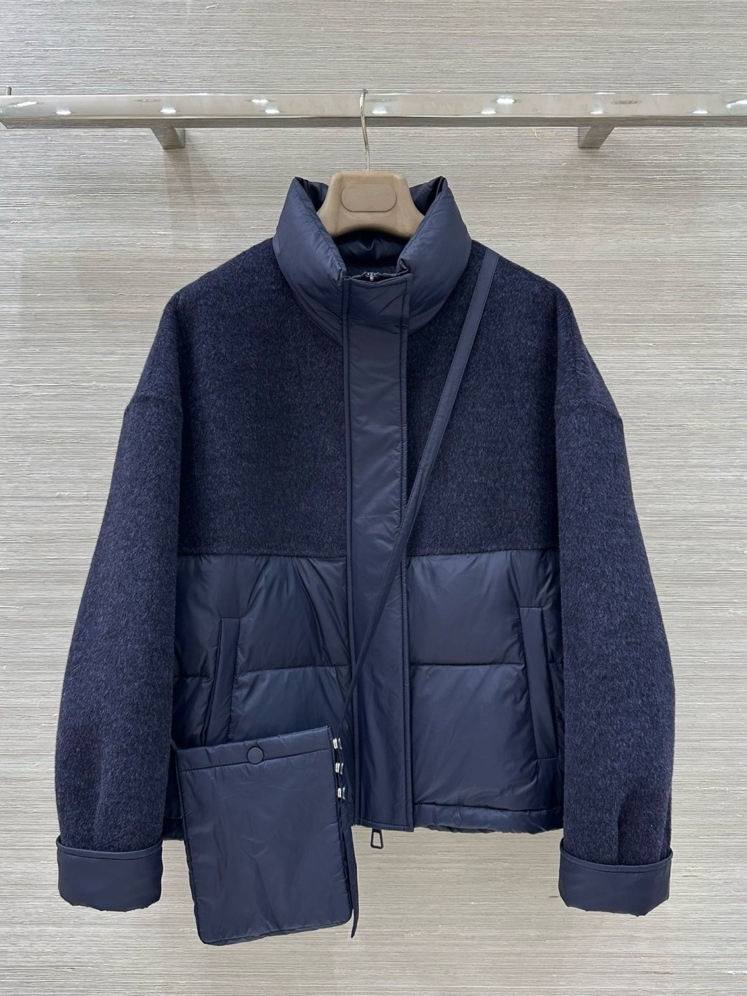 Two-Tone Wool and Down Puffer Jacket with Phone Bag
