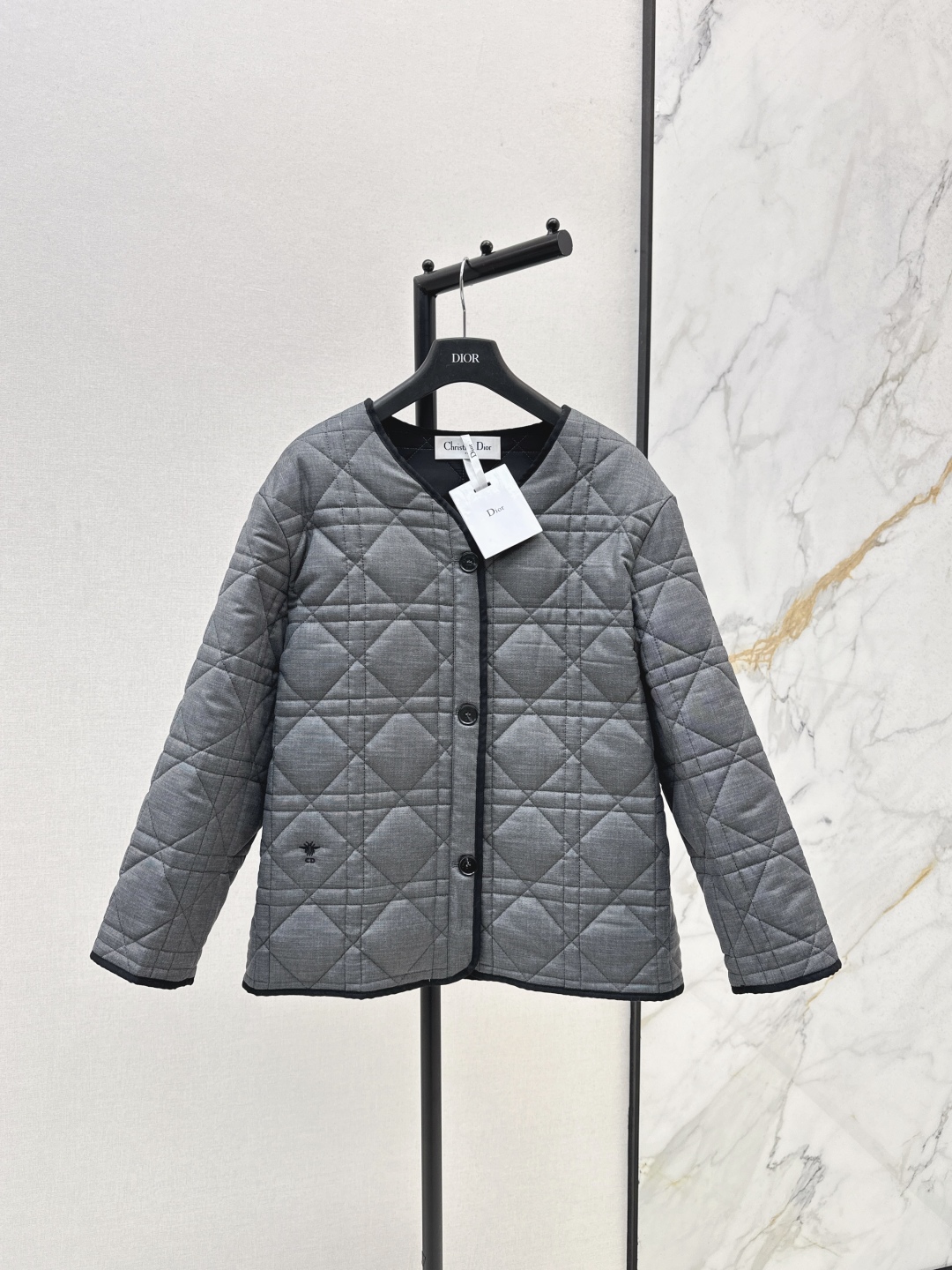 Dior Gray Quilted Cotton Jacket with Bee Embroidery