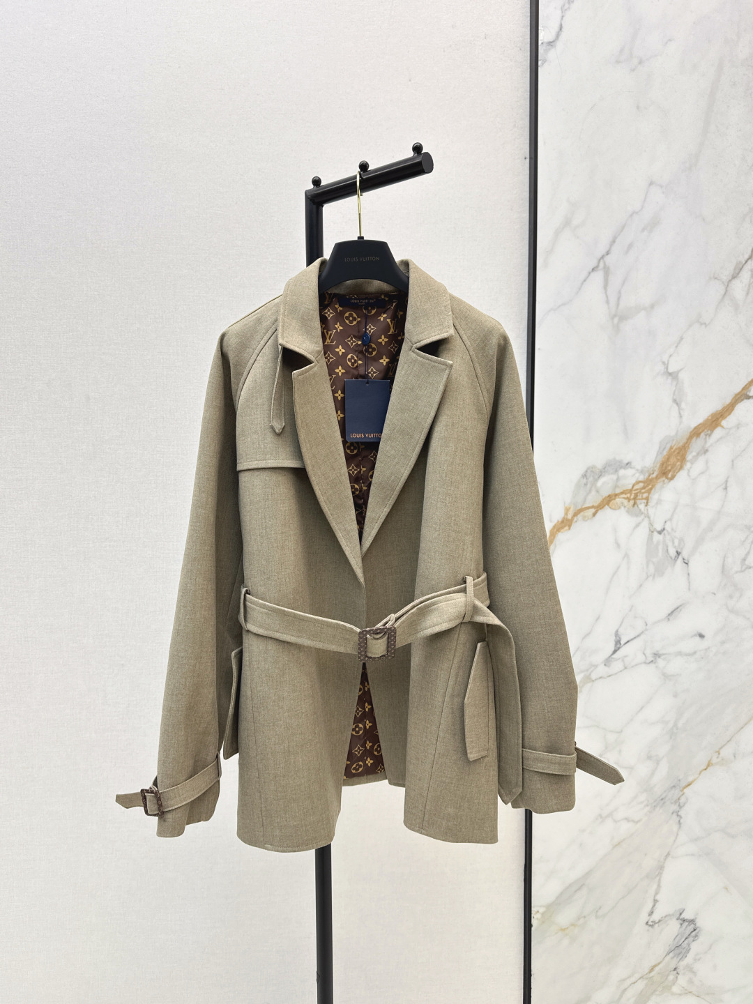 Louis Vuitton Khaki Trench Coat with Belt, Flap Pockets and Classic Monogram