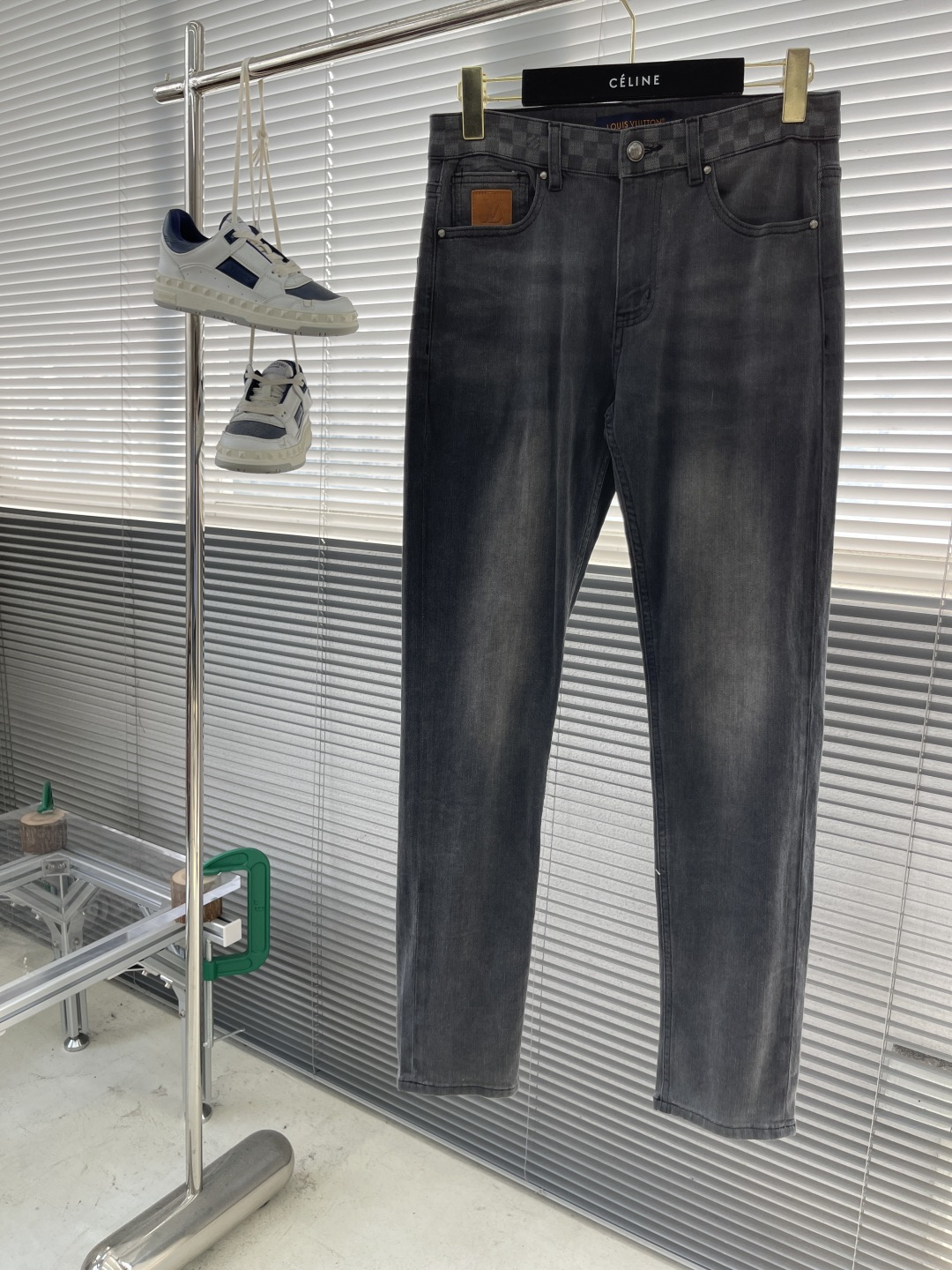 Louis Vuitton Men's Slim Fit Gray Jeans With Checkered Waistband