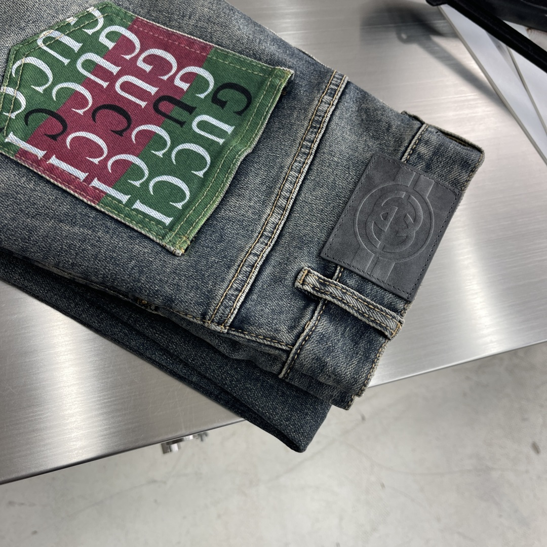 Gucci Men's Slim Fit Straight Leg Jeans, Washed Denim with Logo Patch