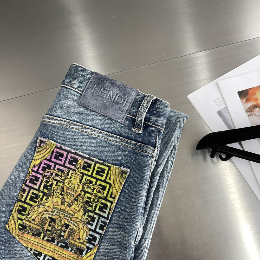 Fendi Men's Washed Denim Jeans with Signature FF Logo Print - Stylish & Unique