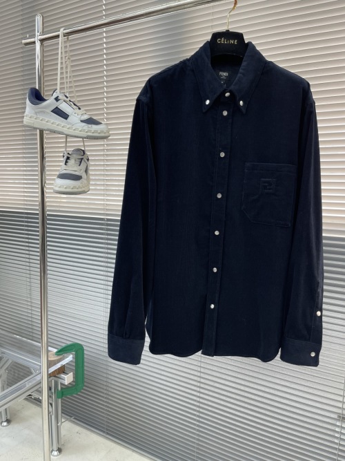 Fendi Blue Corduroy Button-Down Shirt with FF Logo Pocket, Cotton Fabric 1 Fendi Blue Corduroy Button-Down Shirt with FF Logo Pocket, Cotton Fabric