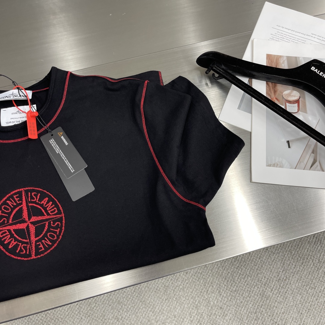 Stone Island Badge Embroidered Black Cotton Linen T-Shirt - Short Sleeve 7 cmp i1740993419768 6062 0 4