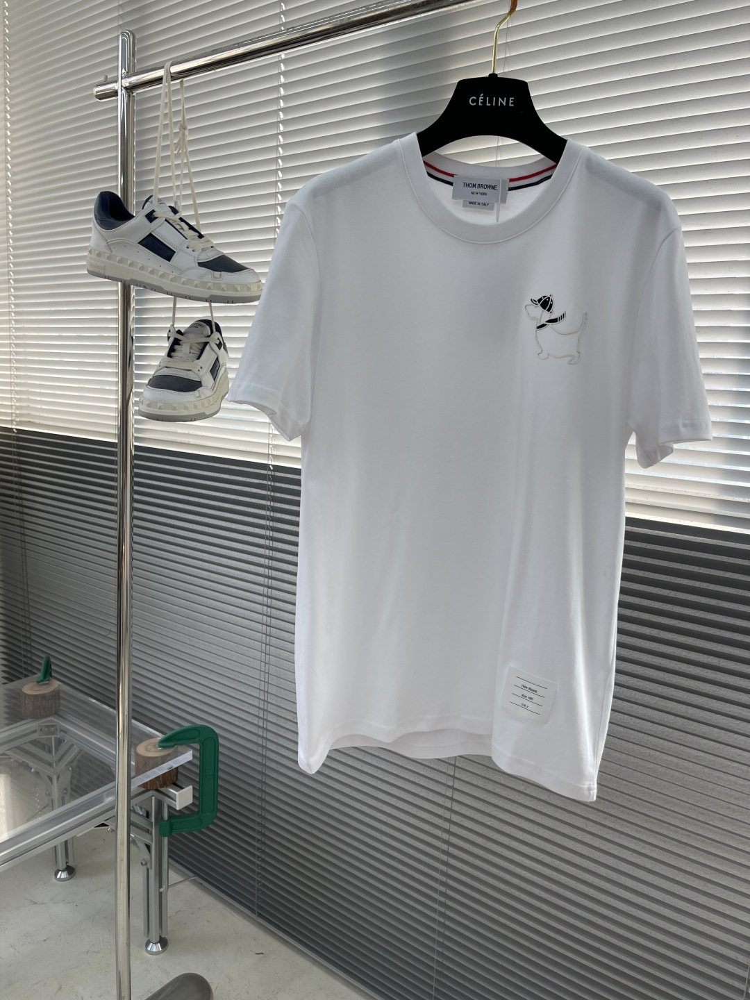 Thom Browne White Cotton T-Shirt with Dog Embroidery and Signature Stripes