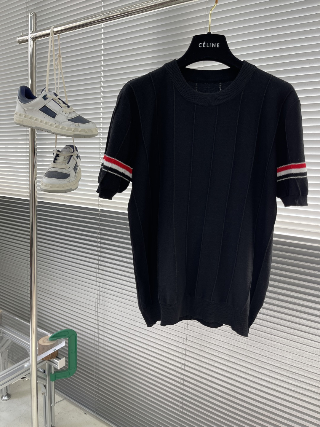 Men's Knitted Crewneck Short Sleeve T-Shirt with Striped Detail on Sleeves