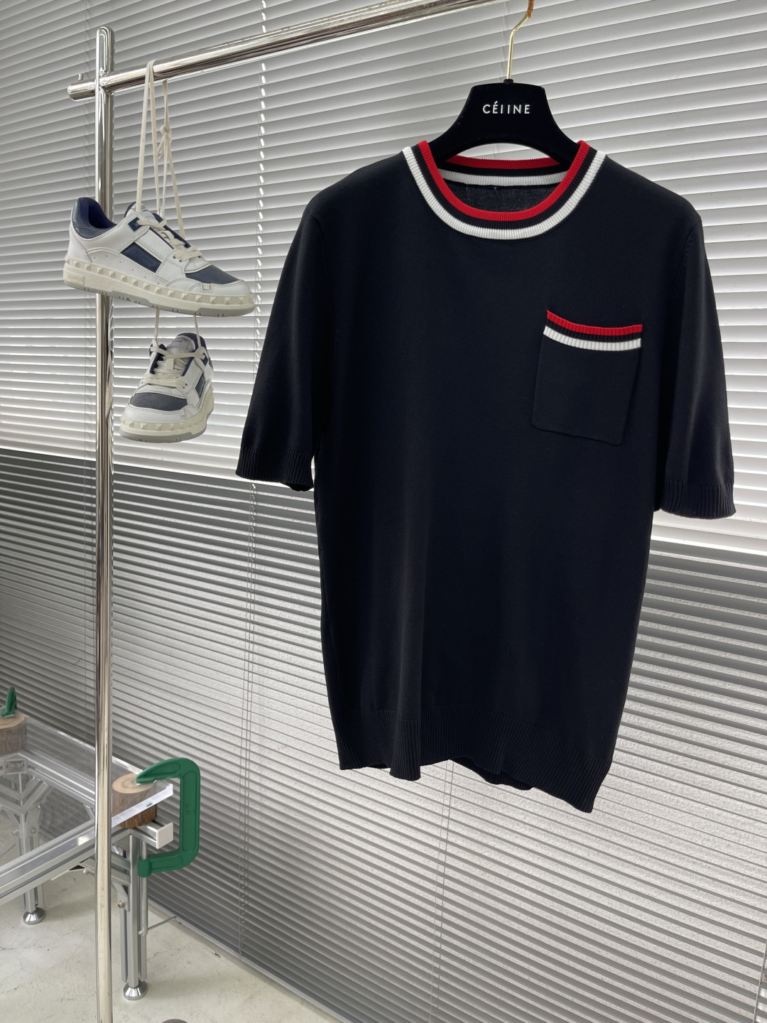 CÉLINE Men's Knitted Short Sleeve T-Shirt with Pocket - Red/White/Blue Trim