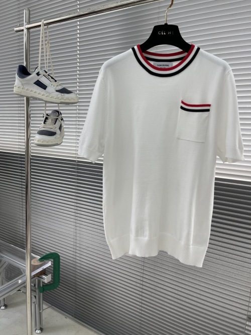 Thom Browne White Knitted Short Sleeve T-Shirt with Red, White, and Blue Trim 1 Thom Browne White Knitted Short Sleeve T-Shirt with Red, White, and Blue Trim