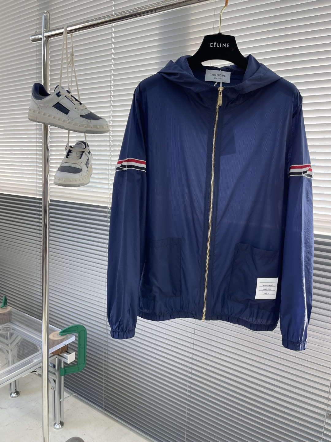 Thom Browne Men's Navy Nylon Lightweight Hooded Jacket with Arm Stripes