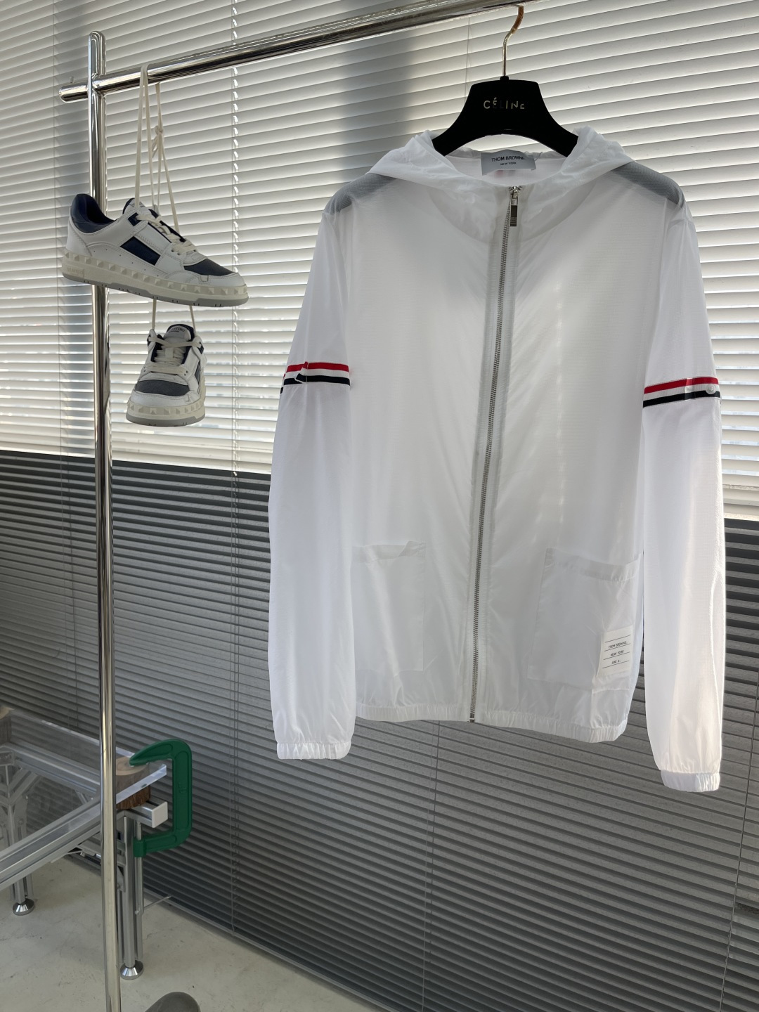 Thom Browne White Nylon Hooded Windbreaker Jacket With Arm Stripes