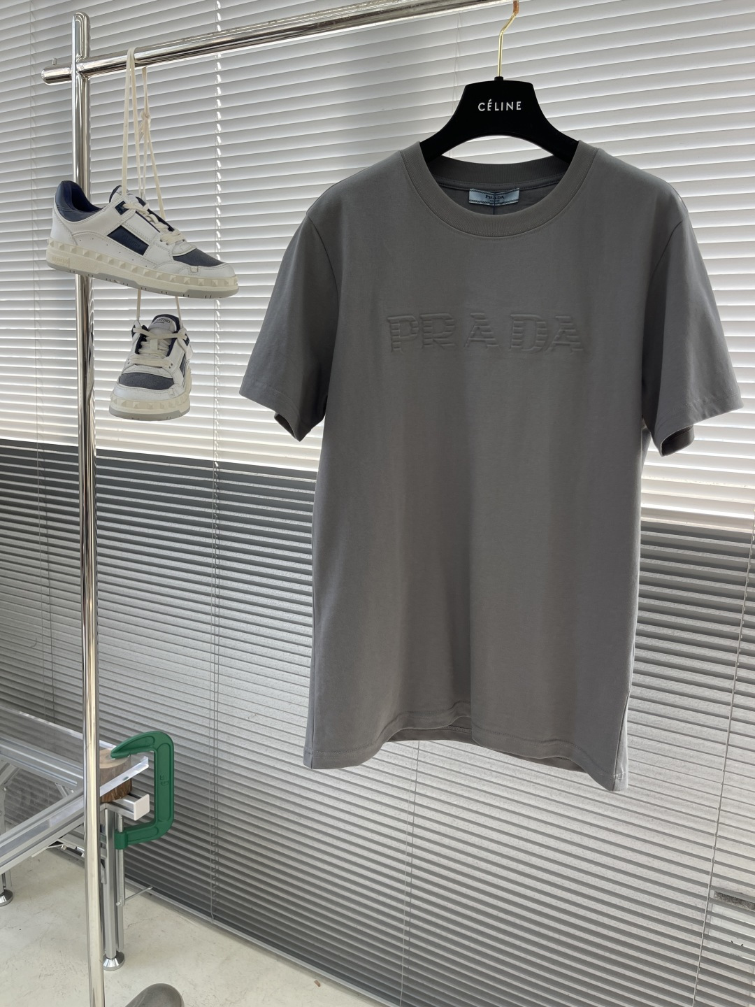 Prada Men's Gray Embossed Logo Short Sleeve Crewneck T-Shirt