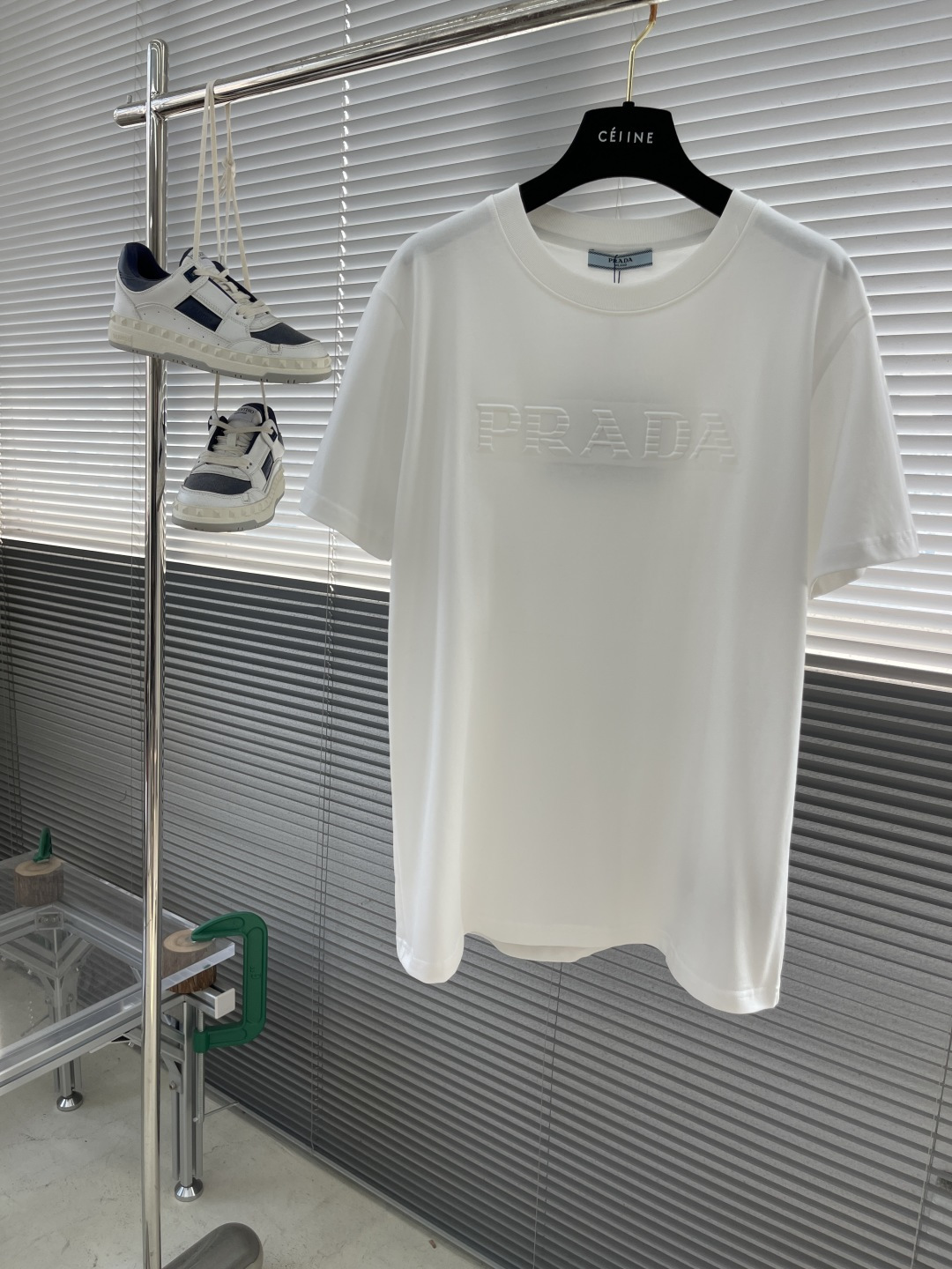 Prada Men's White Embossed Logo Crewneck T-Shirt, Short Sleeve Casual Top