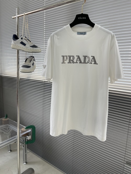 Prada Summer 2025 Rhinestone Logo T-Shirt, Short Sleeve, Cotton, White 1 Prada Summer 2025 Rhinestone Logo T-Shirt, Short Sleeve, Cotton, White