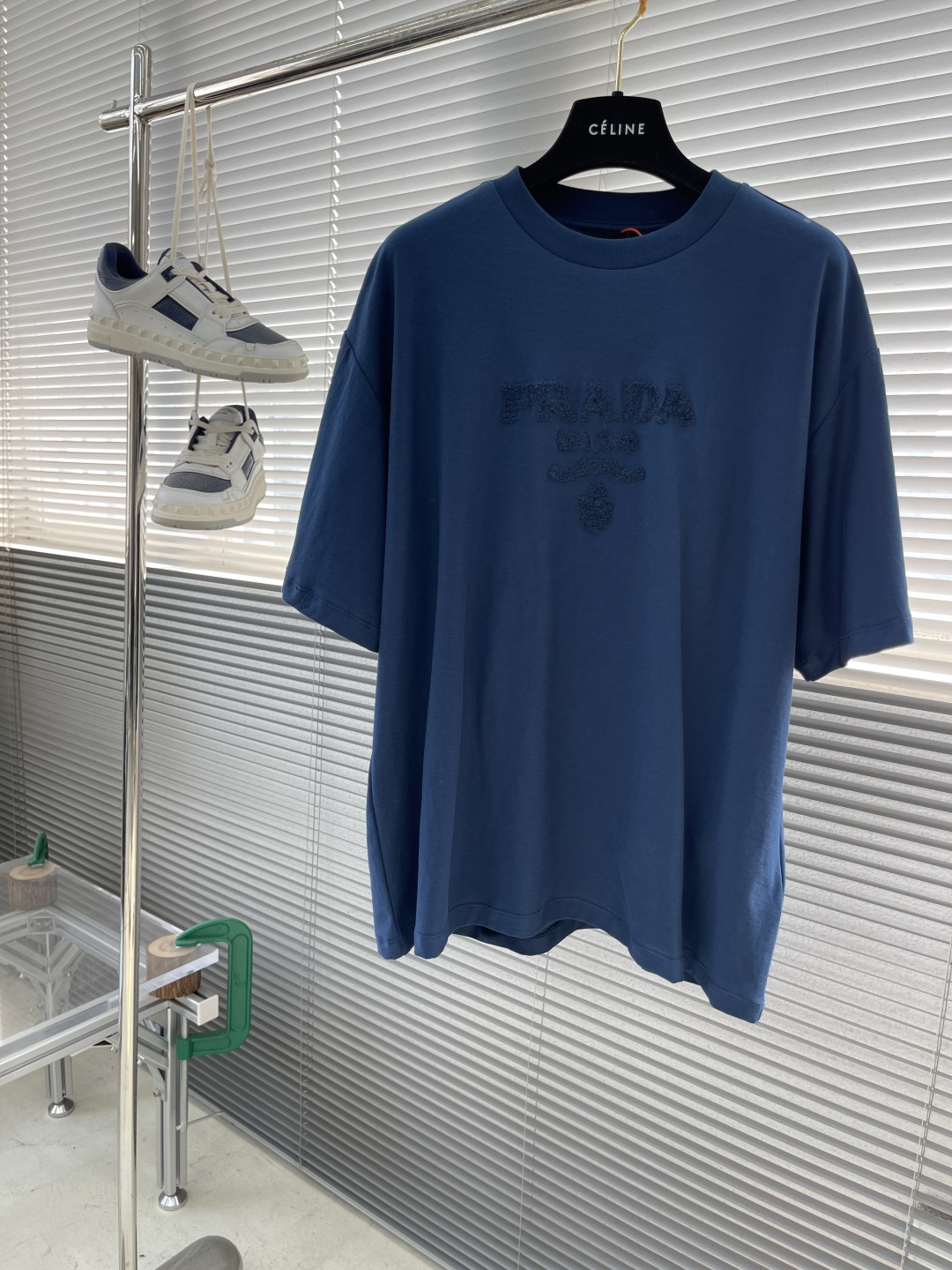 Prada Men's Blue Crew Neck T-Shirt with Embroidered Logo - Short Sleeve