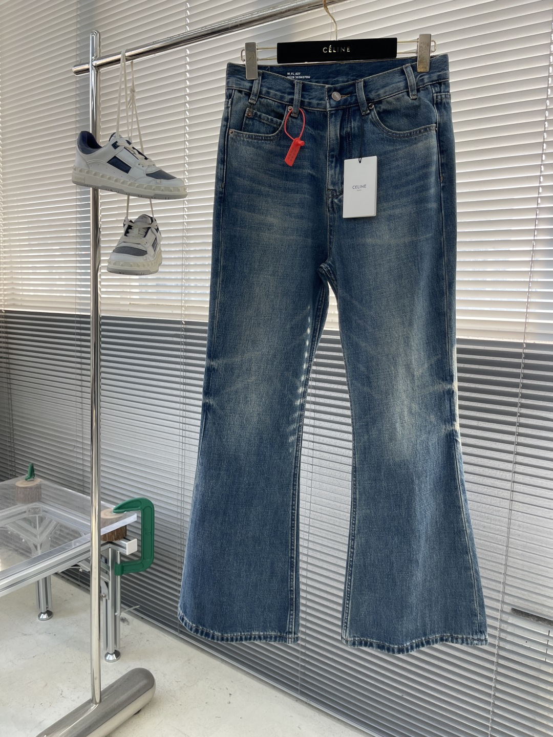 Celine Women's Washed Denim Flared Jeans High Waist Distressed Blue