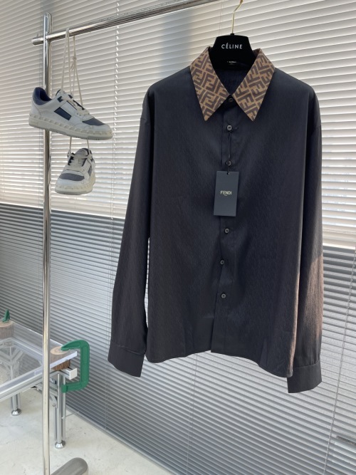 Fendi Men's Black Long Sleeve Shirt with Brown FF Logo Collar - Modern Fit 1 Fendi Men's Black Long Sleeve Shirt with Brown FF Logo Collar - Modern Fit