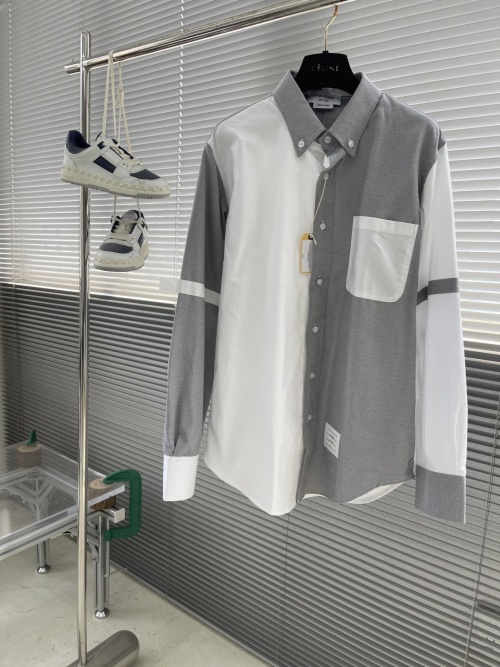 Thom Browne Long Sleeve Patchwork Oxford Shirt - Gray and White, Button-Down 1 Thom Browne Long Sleeve Patchwork Oxford Shirt - Gray and White, Button-Down
