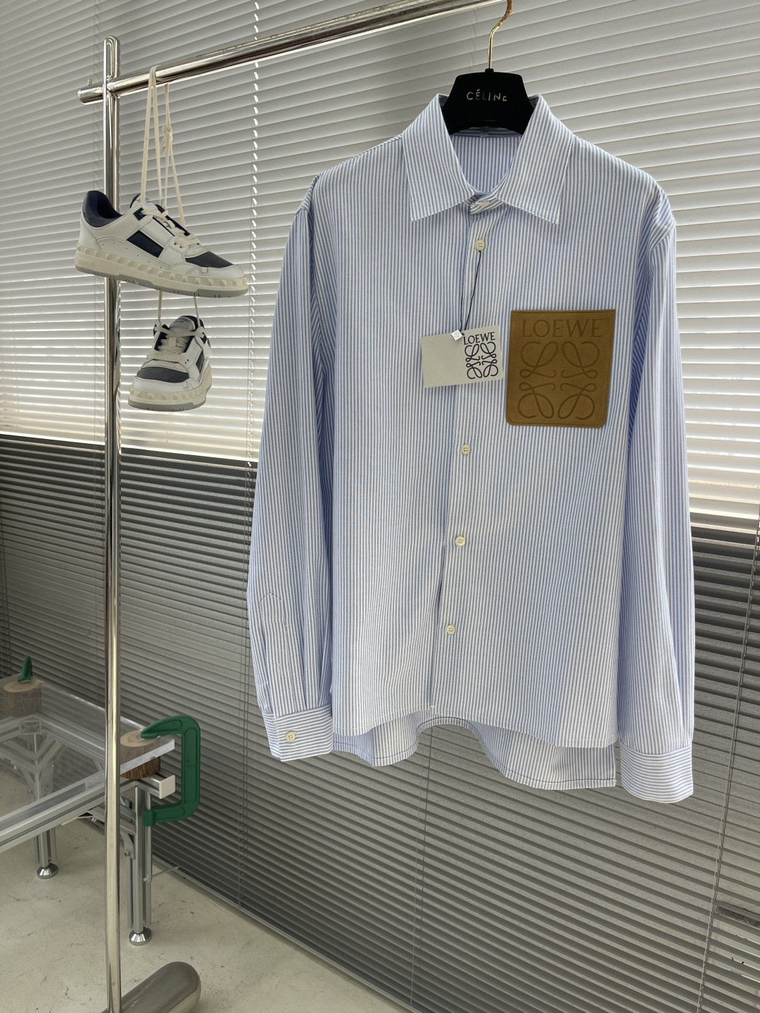 Loewe Striped Shirt with Leather Pocket, Button-Down Collar, Long Sleeves