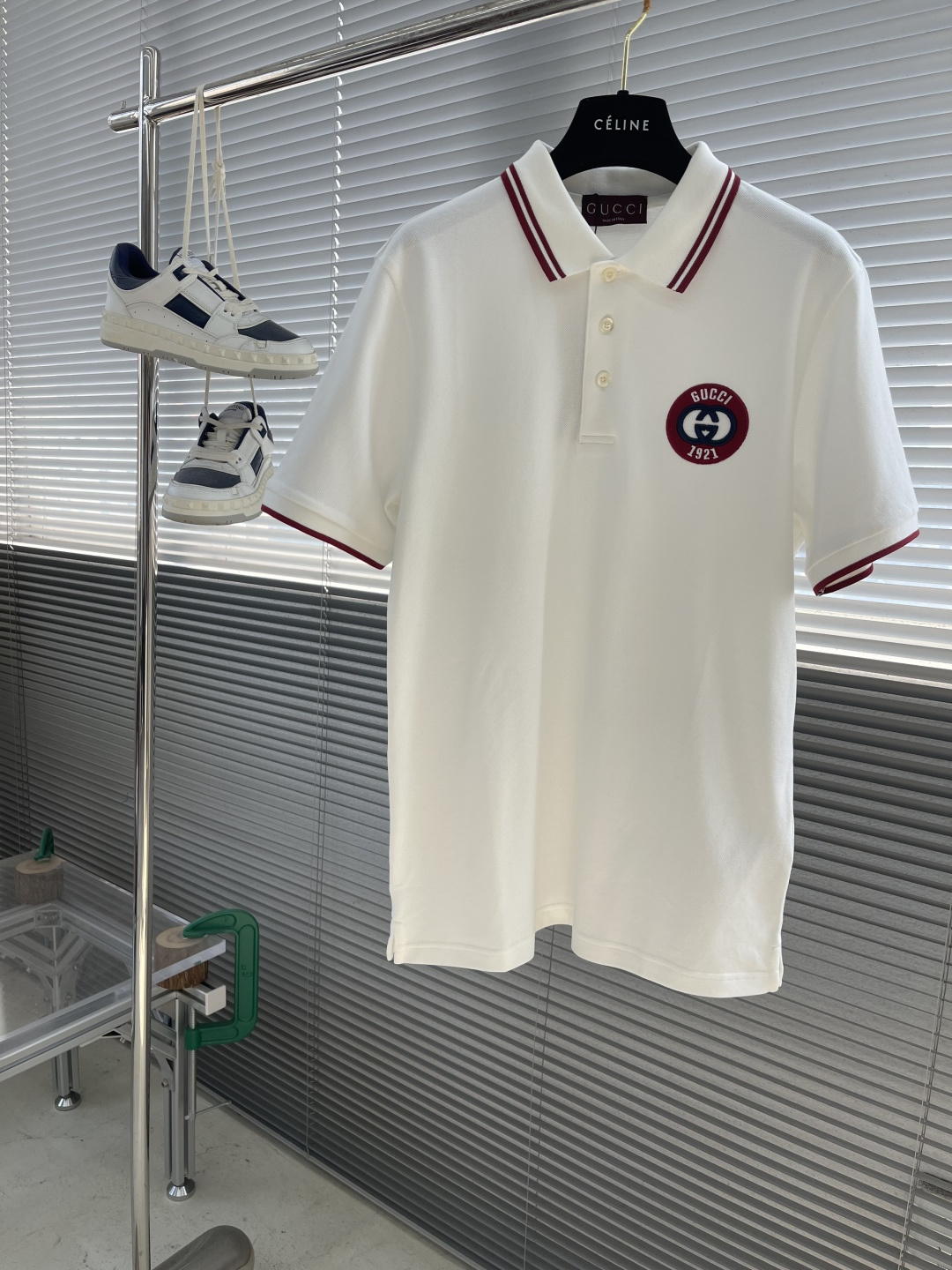 Gucci Men's White Polo Shirt with Logo Embroidery and Striped Trim