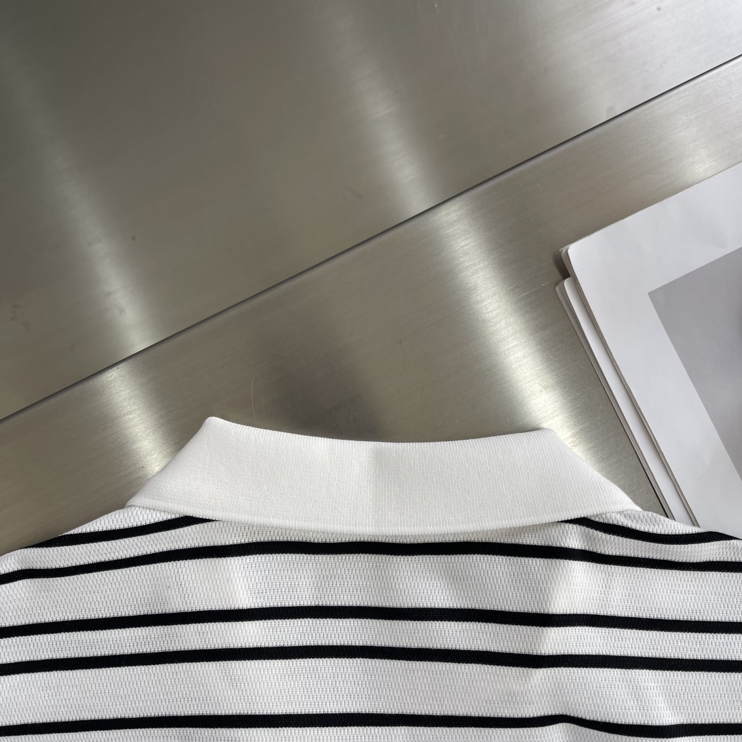 Striped Knitted Polo Shirt - Short Sleeve, V Neck, Silk Blend - Celine Style 7 cmp i1743494380112 9515 0 4