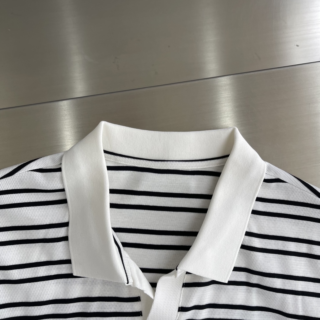 Striped Knitted Polo Shirt - Short Sleeve, V Neck, Silk Blend - Celine Style 3 cmp i1743494380122 7161 0 0