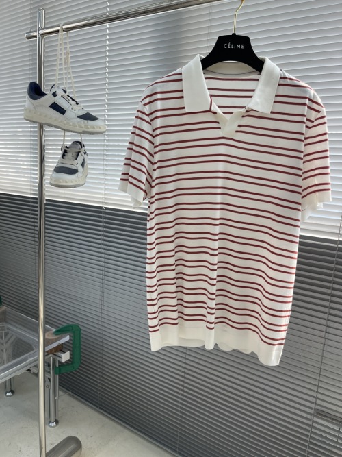 Striped Knit Polo Shirt with Silk Blend - Short Sleeve, V-Neck, Casual Style 1 Striped Knit Polo Shirt with Silk Blend - Short Sleeve, V-Neck, Casual Style