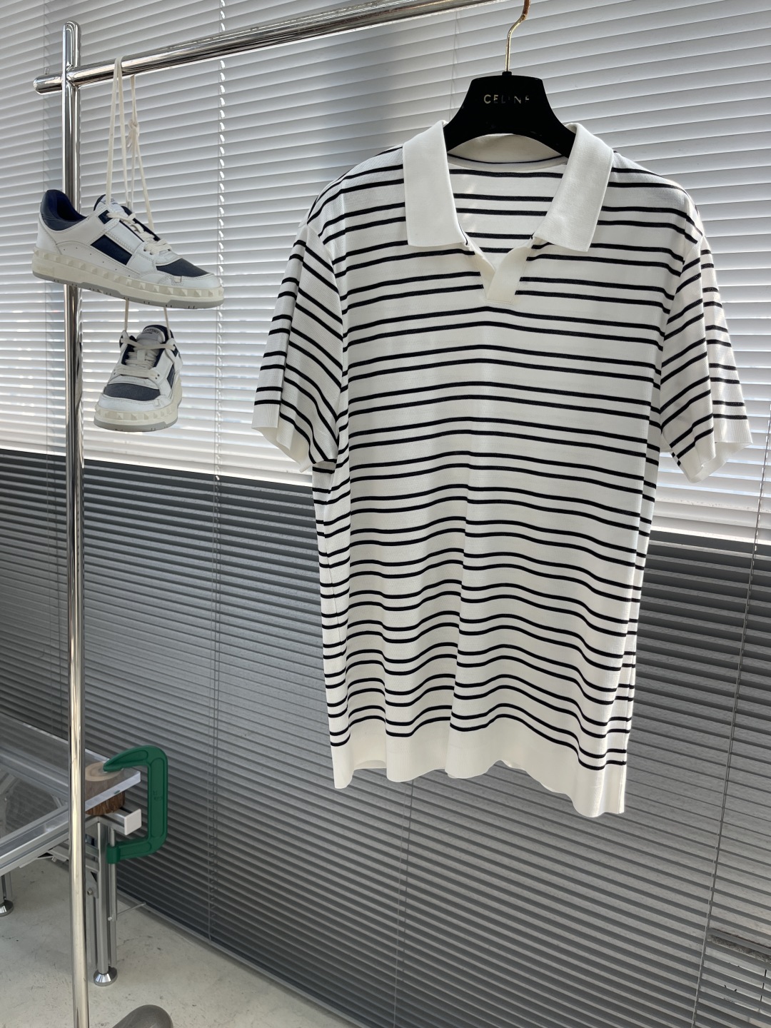 Striped Knitted Polo Shirt - Short Sleeve, V Neck, Silk Blend - Celine Style 1 cmp i1743500875587 7979 0 5