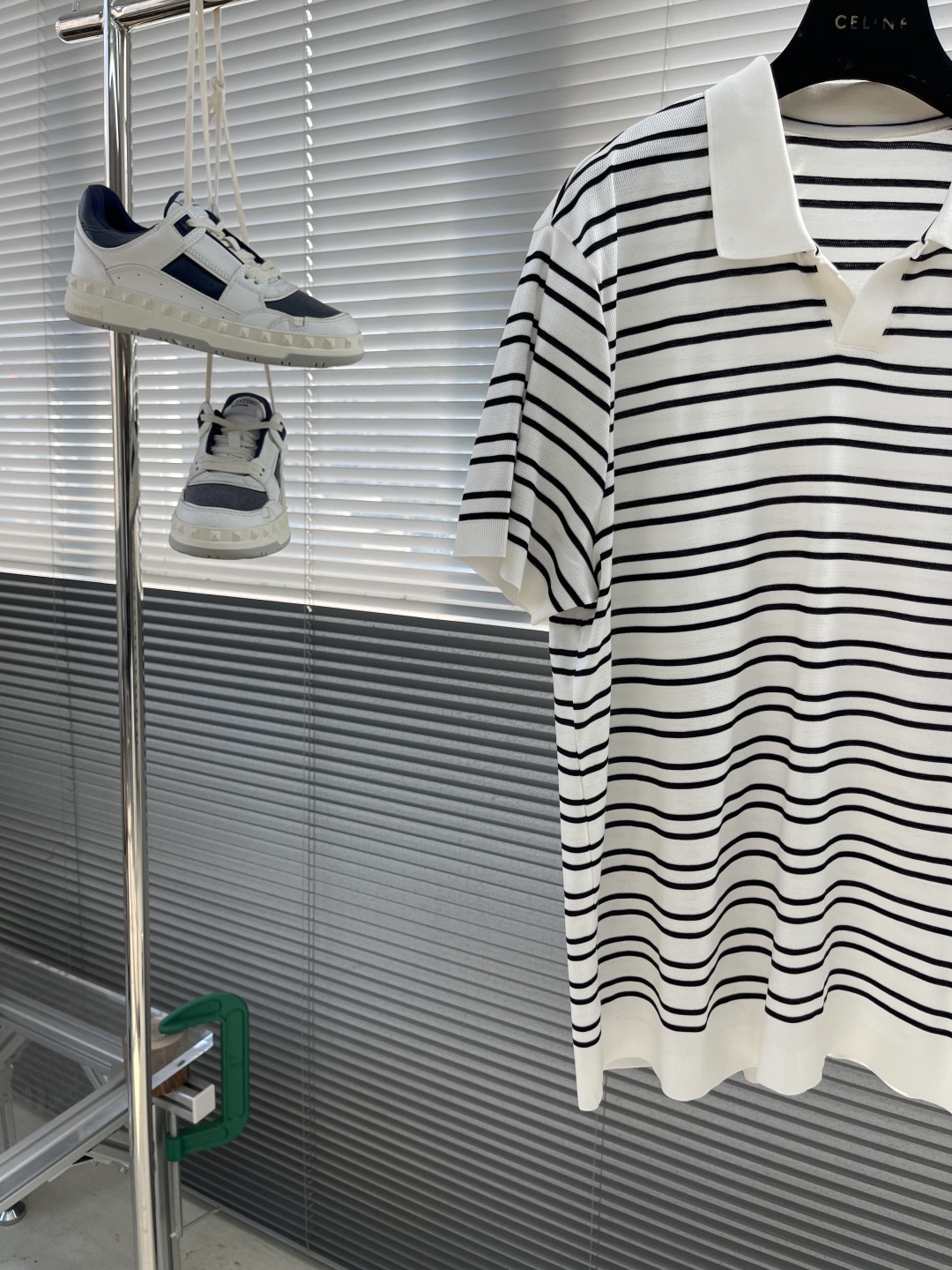 Striped Knitted Polo Shirt - Short Sleeve, V Neck, Silk Blend - Celine Style 2 cmp i1743500875603 3730 0 6