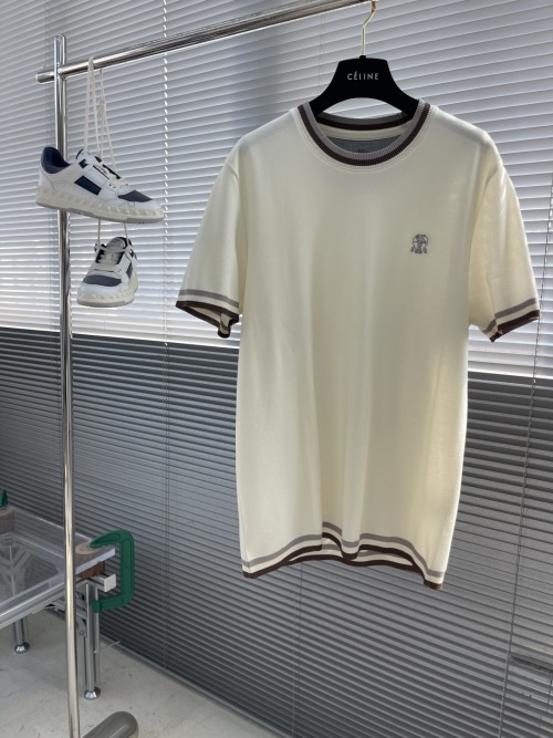 Celine Men's Cream Cotton-Silk Blend Knit Short Sleeve T-Shirt - Summer Essential 1 Celine Men's Cream Cotton-Silk Blend Knit Short Sleeve T-Shirt - Summer Essential