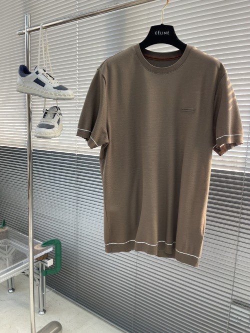 Celine Men's Cotton-Silk Blend Knit T-Shirt - Short Sleeve, Round Neck, Striped Trim 1 Celine Men's Cotton-Silk Blend Knit T-Shirt - Short Sleeve, Round Neck, Striped Trim