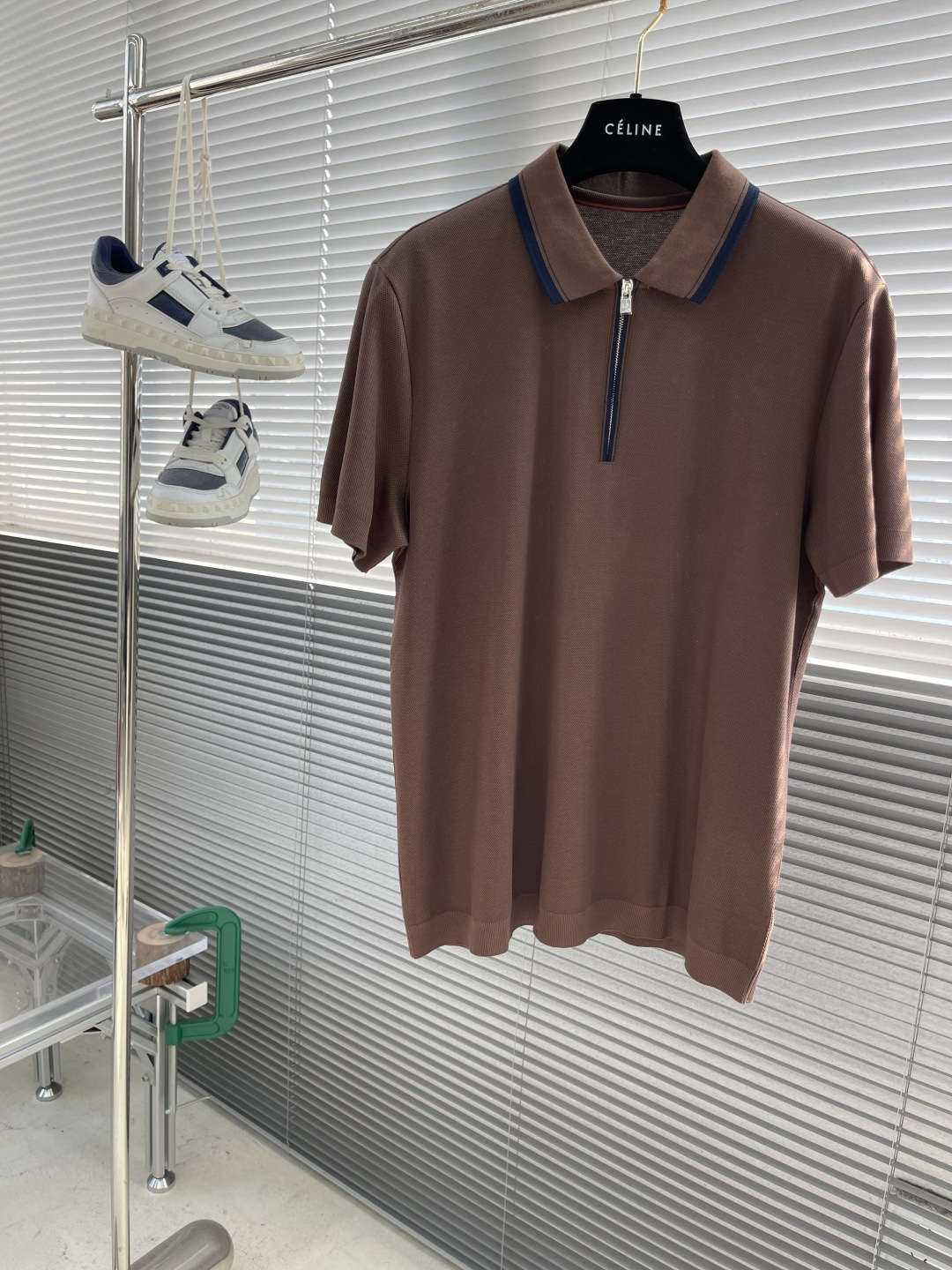 Men's Casual Knitted Polo Shirt with Zipper - Short Sleeve Brown