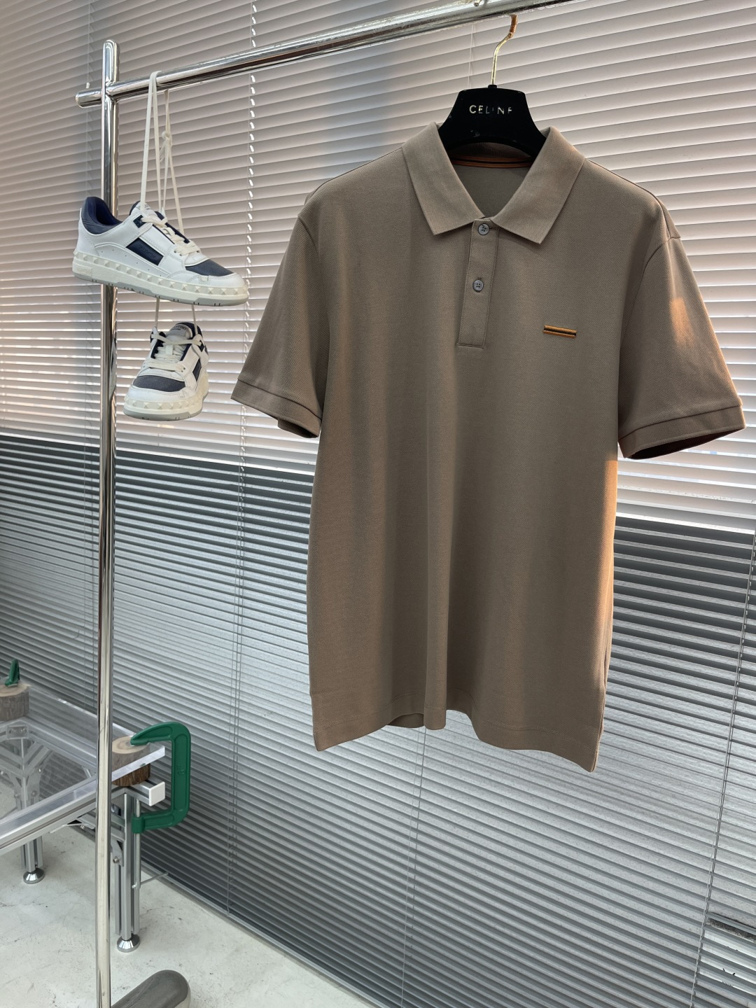 Celine Men's Beige Silk Blend Short Sleeve Knit Polo Shirt with Logo Accent