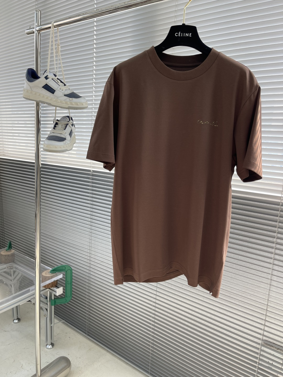 CÉLINE Men's Brown Cotton T-Shirt - Metal Logo, Short Sleeves