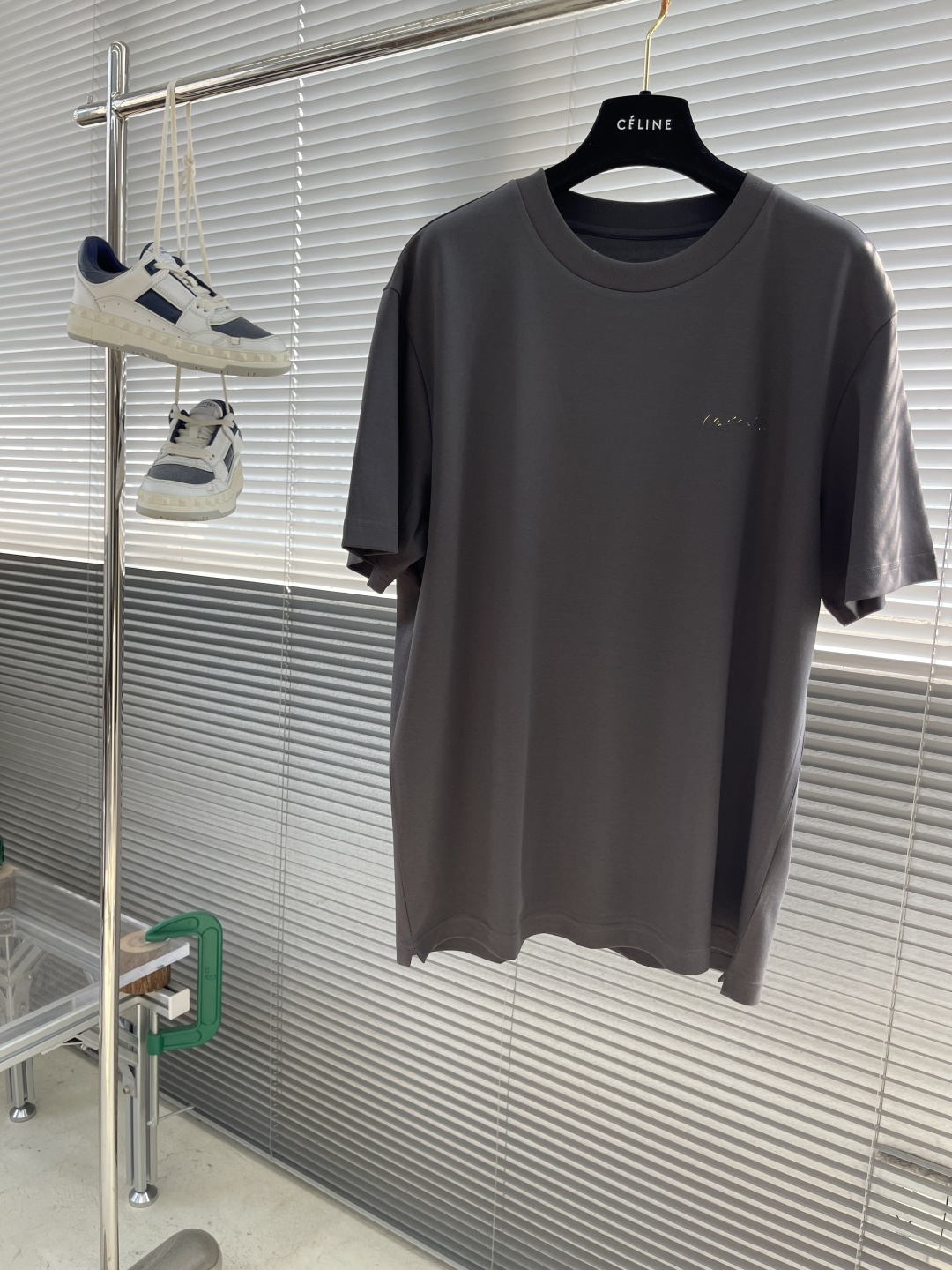 Celine Men's Gray Cotton T-Shirt with Metallic Logo, Summer Collection