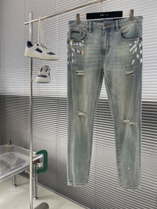 Distressed Slim Fit Jeans With Paint Splatter, Ripped Details - Size 30-38 1 Distressed Slim Fit Jeans With Paint Splatter, Ripped Details - Size 30-38