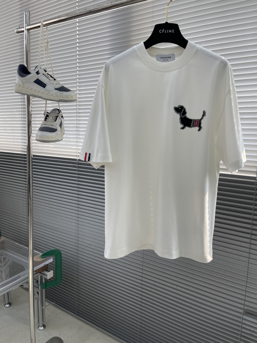 Thom Browne White Cotton T-Shirt with Dachshund Appliqué and Striped Sleeve