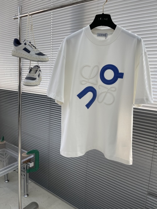 Loewe Men's White Cotton T-Shirt with Blue Embroidered Logo, Casual Short Sleeve 1 Loewe Men's White Cotton T-Shirt with Blue Embroidered Logo, Casual Short Sleeve