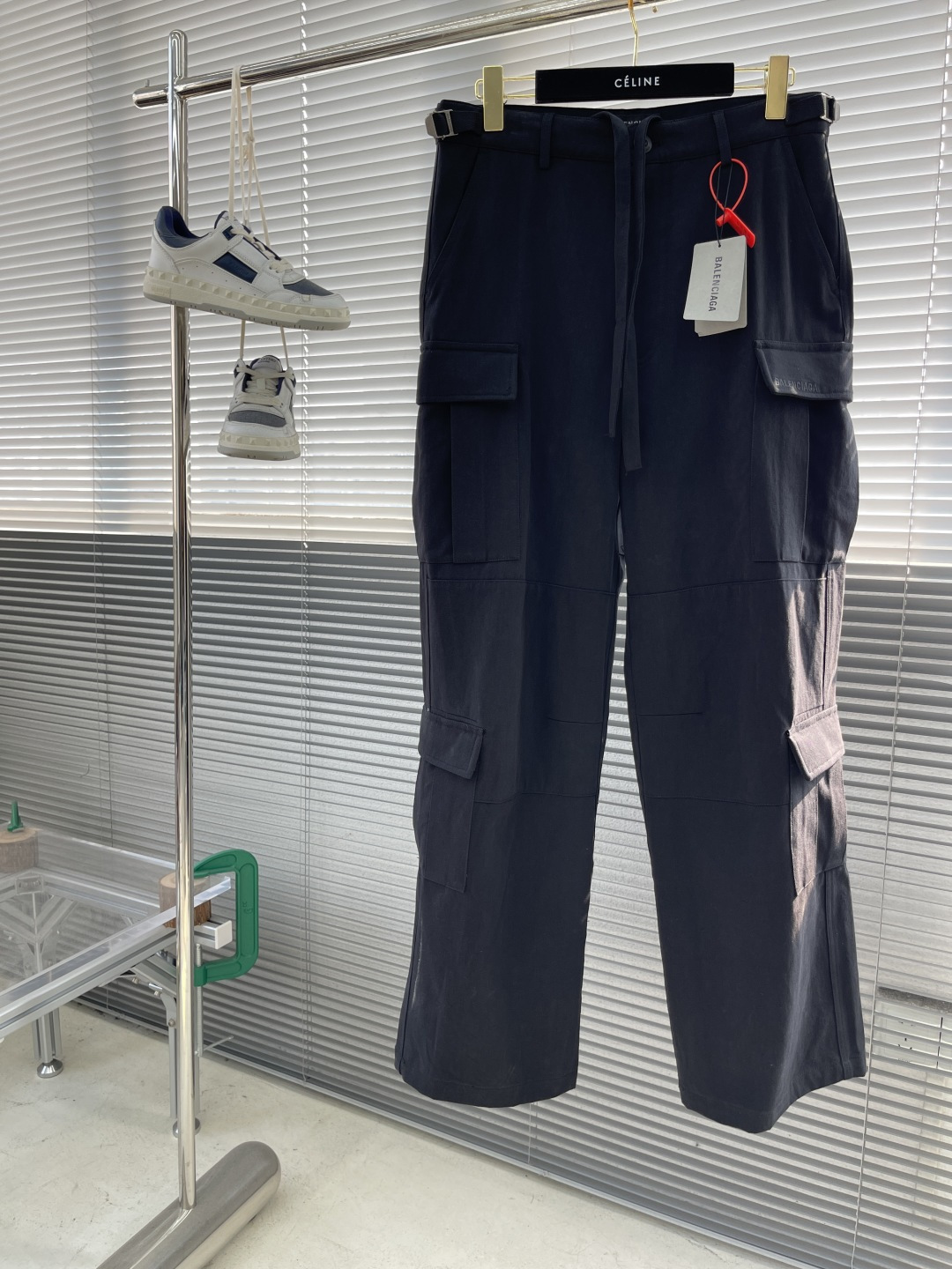 Balenciaga Men's Black Cargo Pants Embroidered Detail, Eight Pocket Design