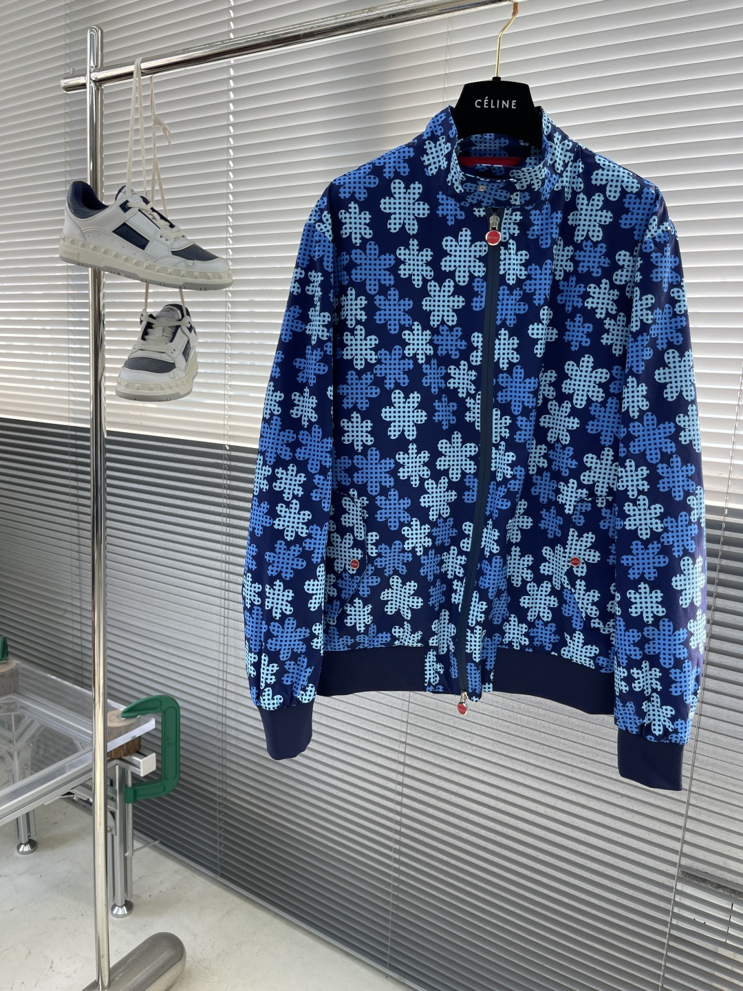 Celine Men's Blue Floral Print Lightweight Zip-Up Bomber Jacket