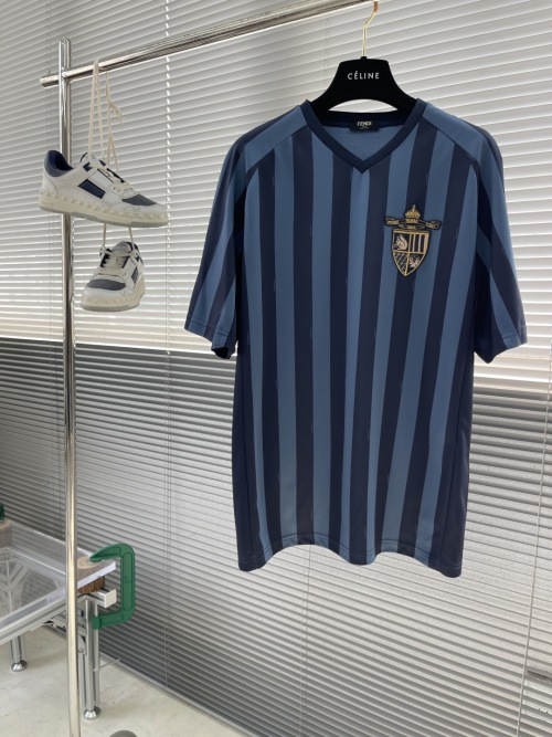 Fendi Club Striped Short Sleeve T-Shirt in Blue | V-Neck Luxury Sportswear 1 Fendi Club Striped Short Sleeve T-Shirt in Blue | V-Neck Luxury Sportswear