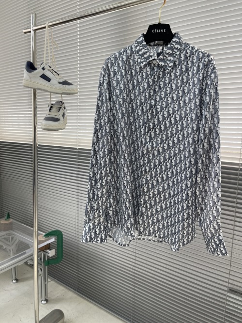 Dior 25SS White and Blue Silk Oblique Print Long Sleeve Shirt 1 Dior 25SS White and Blue Silk Oblique Print Long Sleeve Shirt