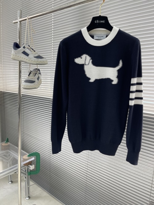 Thom Browne Dog Intarsia Cotton Sweater - Navy, White Trim, Signature Stripes 1 Thom Browne Dog Intarsia Cotton Sweater - Navy, White Trim, Signature Stripes