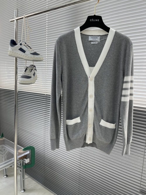 Thom Browne Grey Cotton Cardigan with White Trim and Signature Four-Bar Stripes 1 Thom Browne Grey Cotton Cardigan with White Trim and Signature Four-Bar Stripes