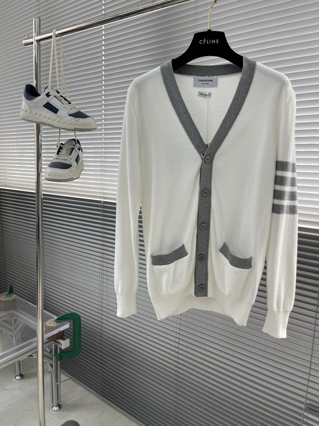 Thom Browne White Cotton V-Neck Cardigan with Grey Trim & Signature 4-Bar Stripes