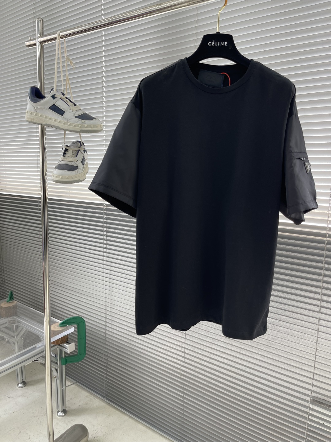 Prada Men's Black Short Sleeve T-Shirt with Triangle Logo Pocket Detail