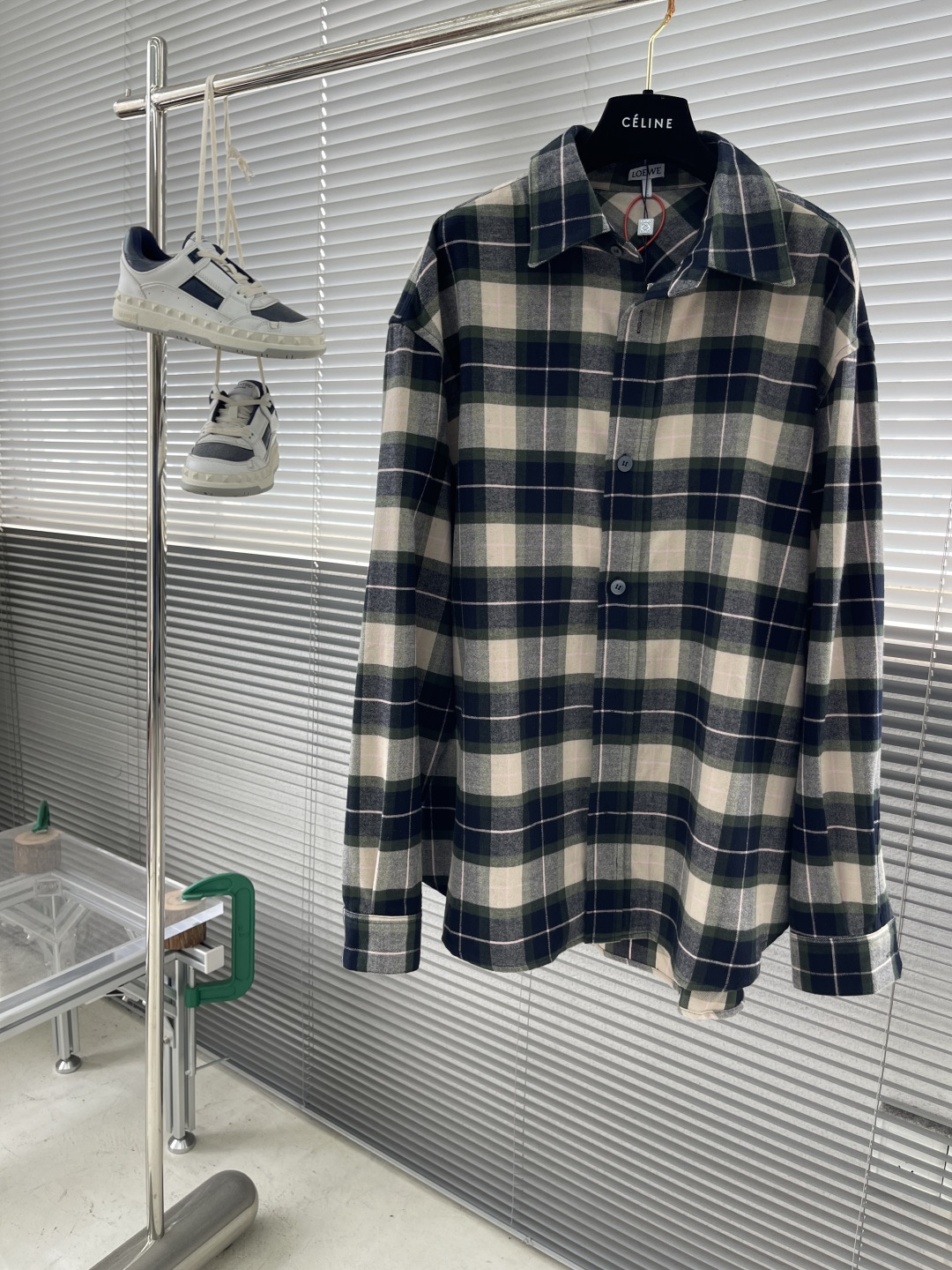 Loewe Men's Relaxed-Fit Flannel Plaid Shirt with Leather Details