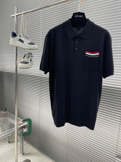 Thom Browne Knitted Polo Shirt with Red, White, and Blue Pocket Detail 1 Thom Browne Knitted Polo Shirt with Red, White, and Blue Pocket Detail